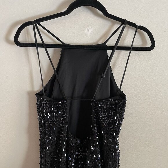 Express Women S Black Sequin Holiday Cocktail Party Open Back Halter Mini Dress - Picture 8 of 11